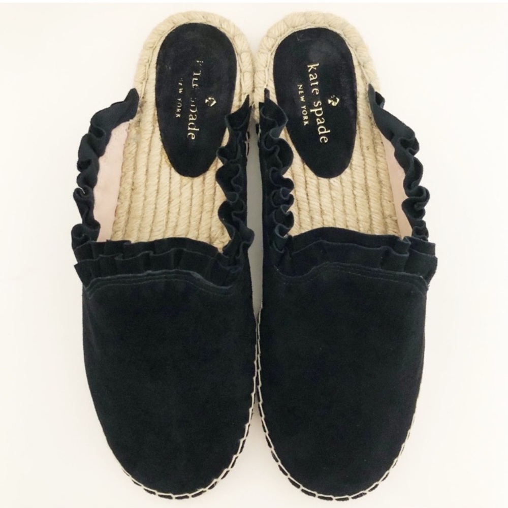 Kate Spade Laila Ruffle Espadrille Mules 9 Black Suede Flats Slides